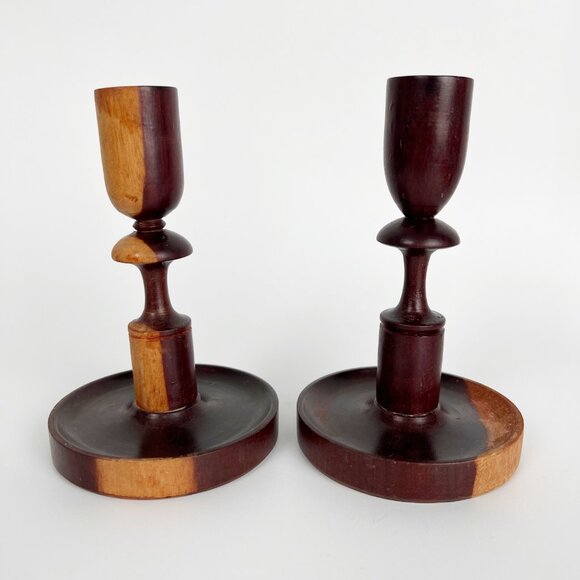 Two Vintage Hand Carved Wooden Candle Holders Rustic Handmade Gift Unique Pair - Picture 4 of 4